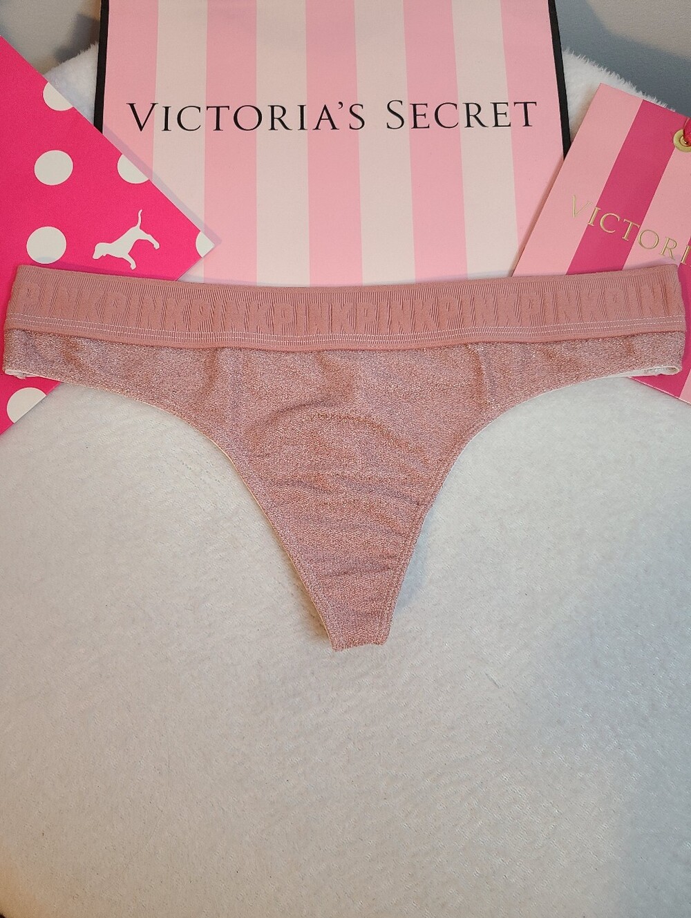 Retired VS PINK Logo Band Sparkle Classic Full Cut Thong Panty Size Lg